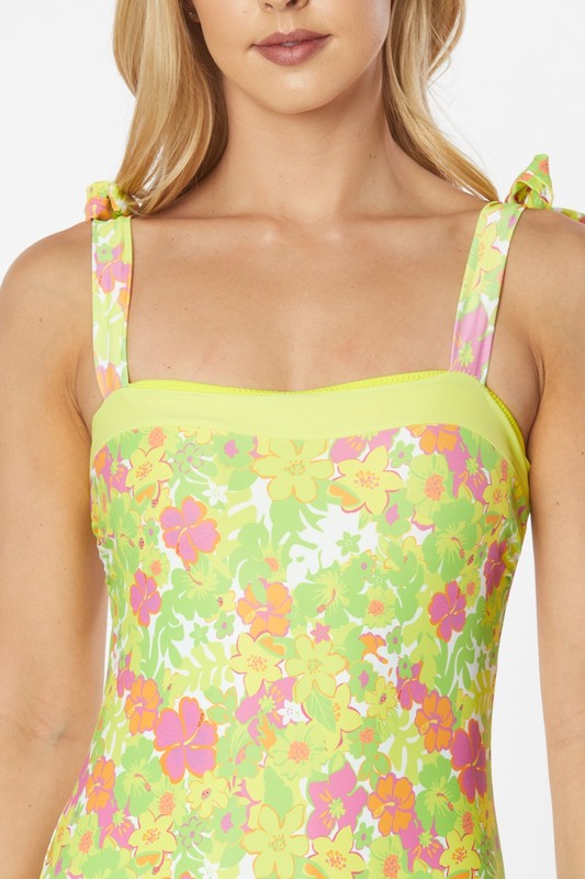 One Piece Bathing Suit Floral Print Shoulder Top