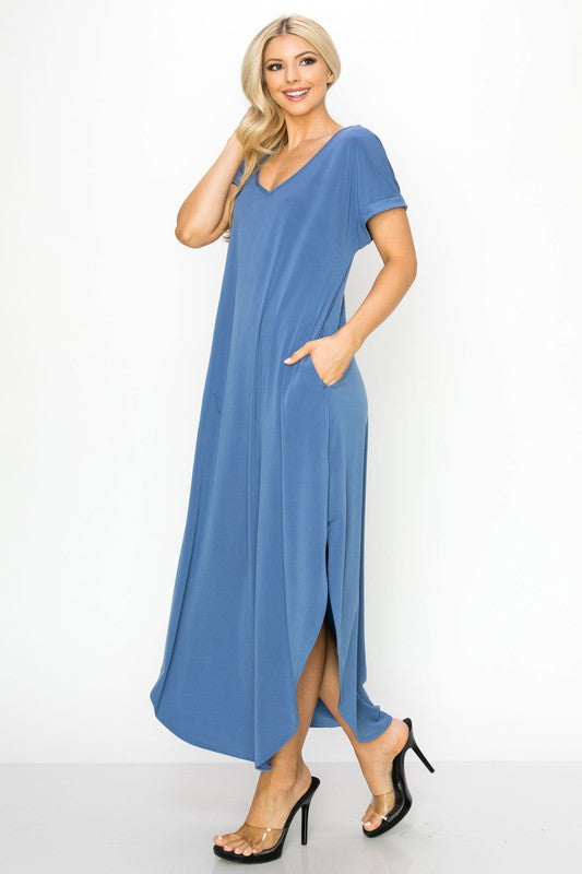 V-Neck Short Sleeved Slit Pocket Maxi Dress