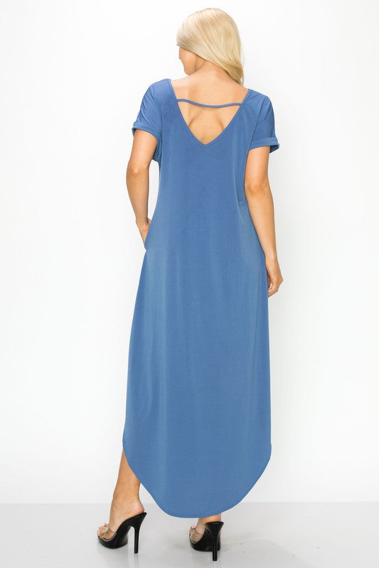 V-Neck Short Sleeved Slit Pocket Maxi Dress
