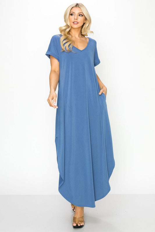 V-Neck Short Sleeved Slit Pocket Maxi Dress