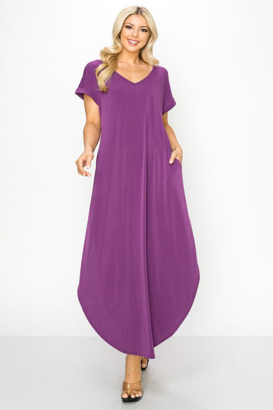 V-Neck Short Sleeved Slit Pocket Maxi Dress