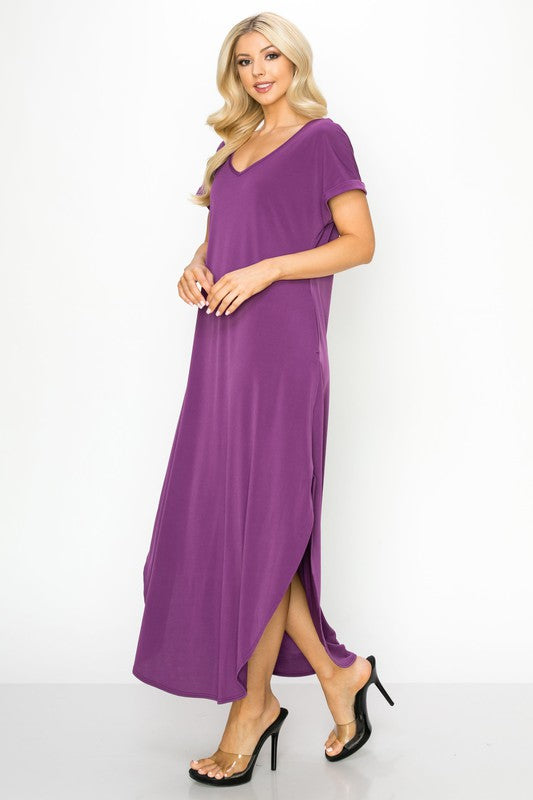 V-Neck Short Sleeved Slit Pocket Maxi Dress