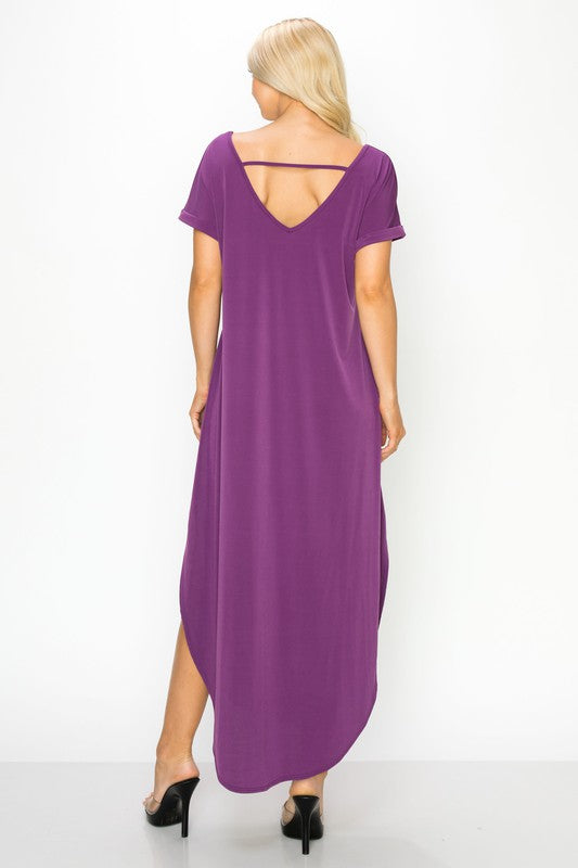 V-Neck Short Sleeved Slit Pocket Maxi Dress