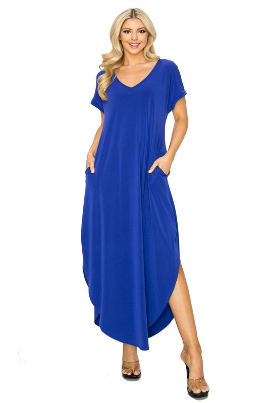 V-Neck Short Sleeved Slit Pocket Maxi