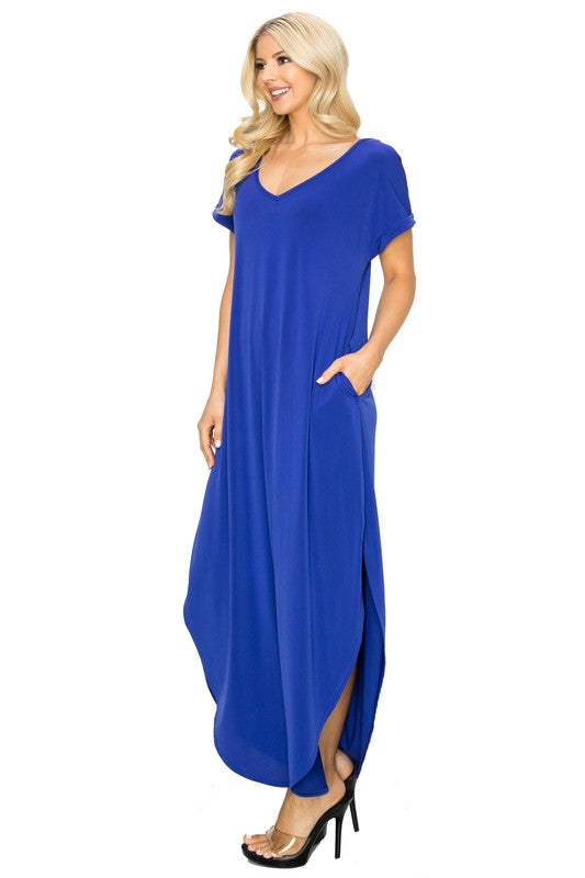 V-Neck Short Sleeved Slit Pocket Maxi