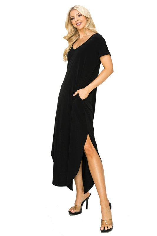 V-Neck Short Sleeved Slit Pocket Maxi