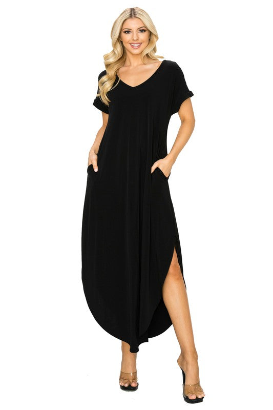 V-Neck Short Sleeved Slit Pocket Maxi