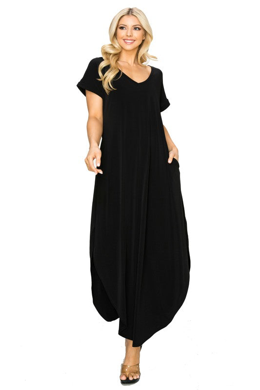 V-Neck Short Sleeved Slit Pocket Maxi