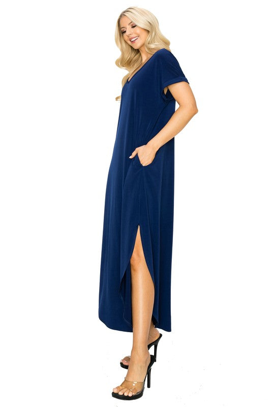 V-Neck Short Sleeved Slit Pocket Maxi