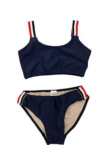 JUNIORS NAVY TWO PIECE STRIPE SIDE BATHING SUIT