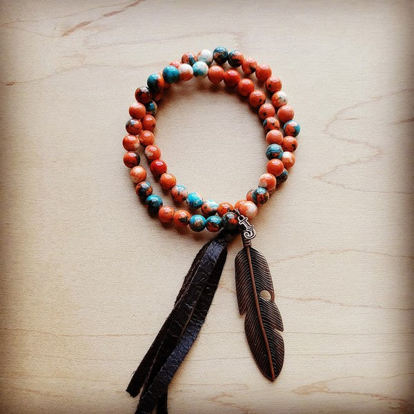 Multi Double Jade Bracelet W/Feather and Tassel