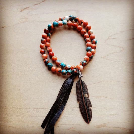Multi Double Jade Bracelet W/Feather and Tassel
