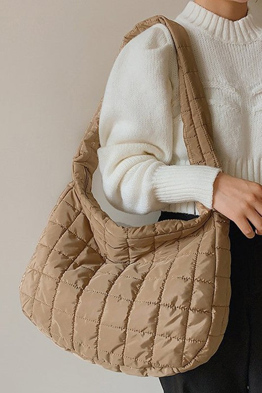 Beige Quilted Zipper Large Jennie Shoulder Bag