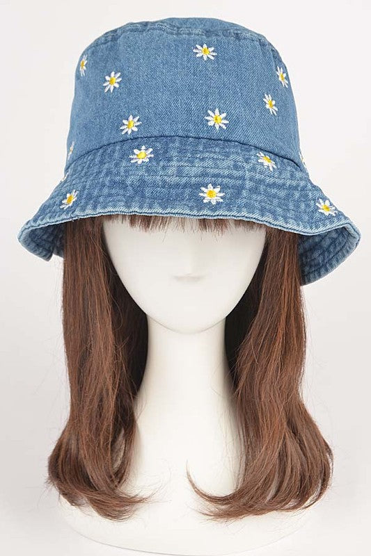 Flower Embroidered Denim Bucket Hat