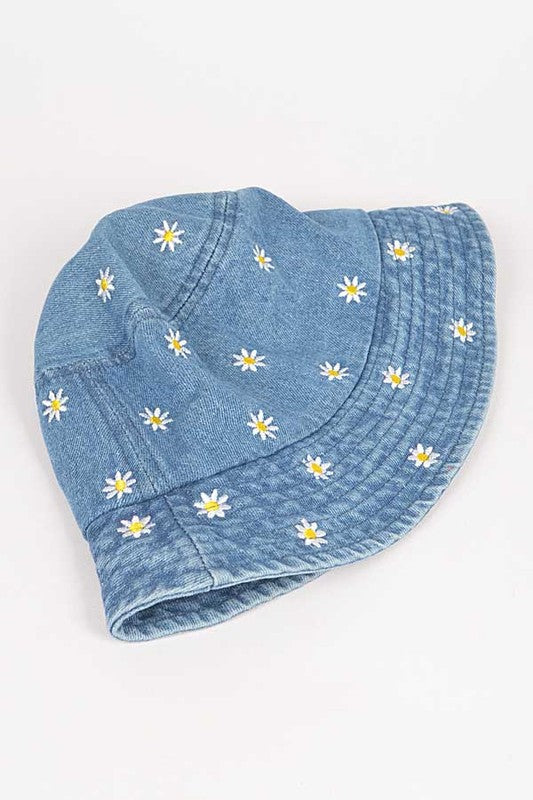 Flower Embroidered Denim Bucket Hat