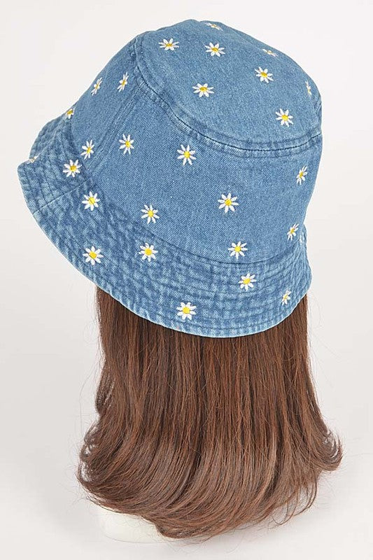 Flower Embroidered Denim Bucket Hat