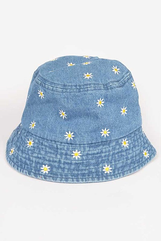 Flower Embroidered Denim Bucket Hat