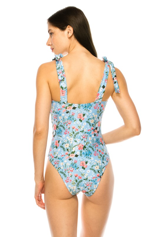 One Piece Bathing Suit Floral Print Shoulder Top