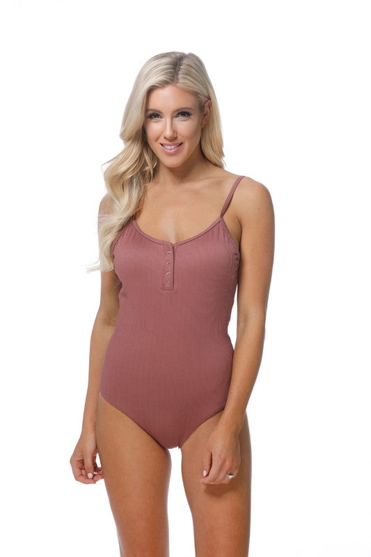 Solid Ripped One Piece Swimsuit w/Button