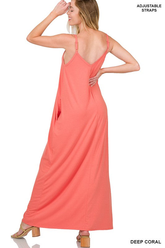 V-Neck Cami Maxi Dress W/Side Pockets
