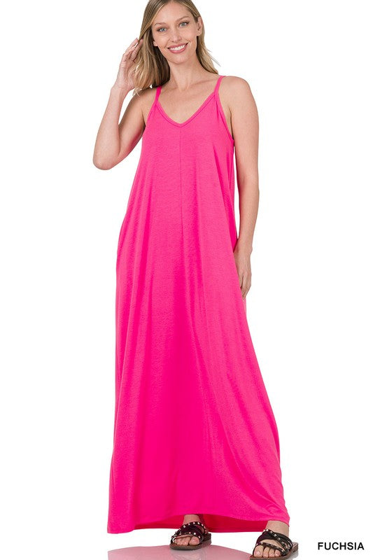 V-Neck Cami Maxi Dress W/Side Pockets