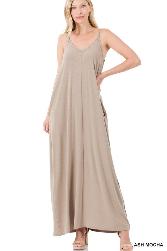V-Neck Cami Maxi Dress W/Side Pockets