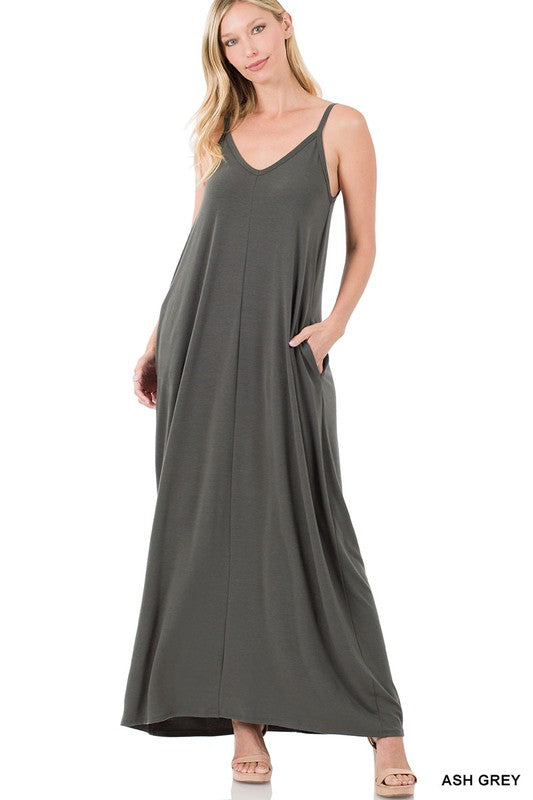 V-Neck Cami Maxi Dress W/Side Pockets
