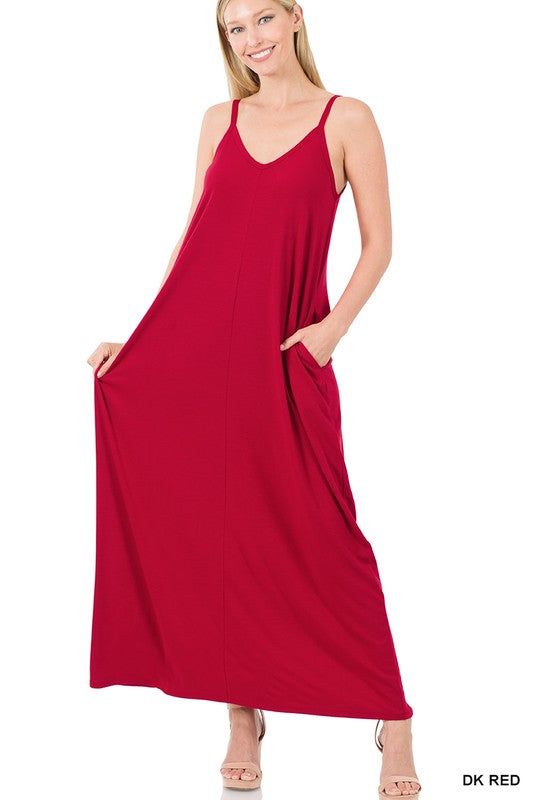 V-Neck Cami Maxi Dress W/Side Pockets