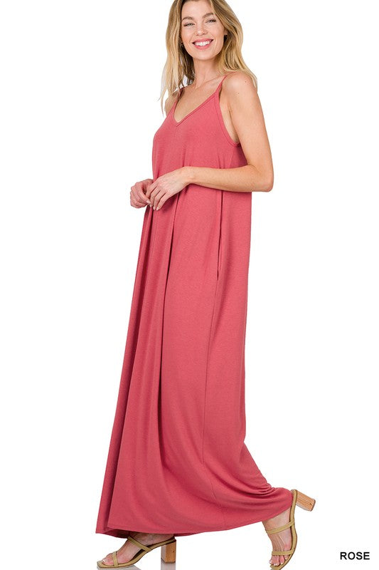 V-Neck Cami Maxi Dress W/Side Pockets
