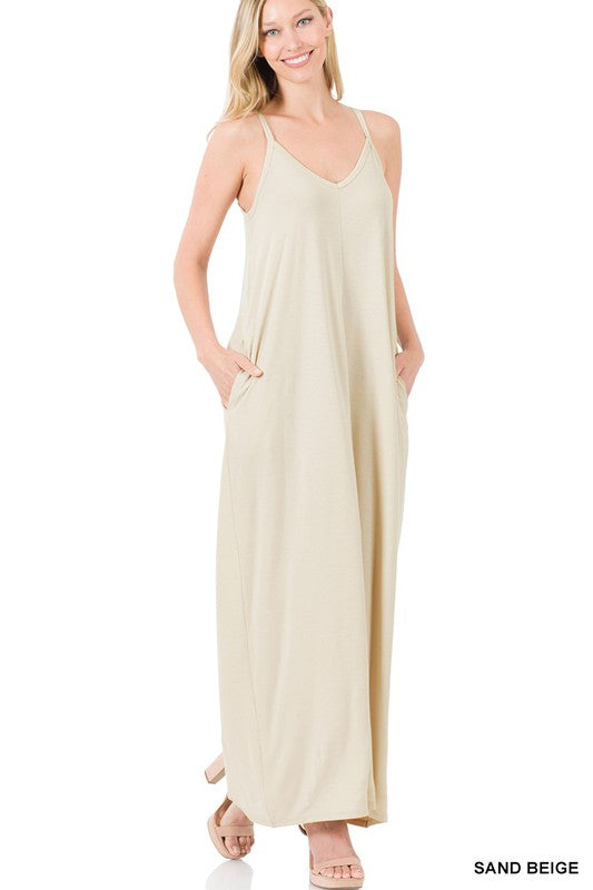 V-Neck Cami Maxi Dress W/Side Pockets