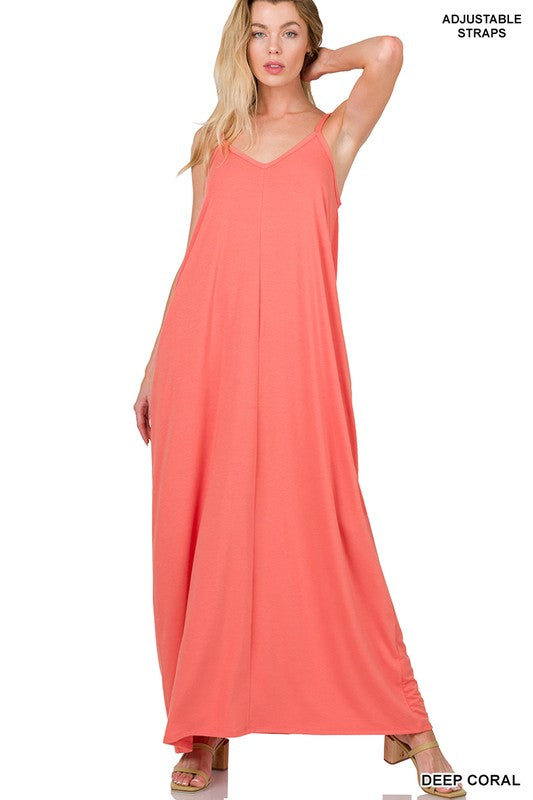 V-Neck Cami Maxi Dress W/Side Pockets