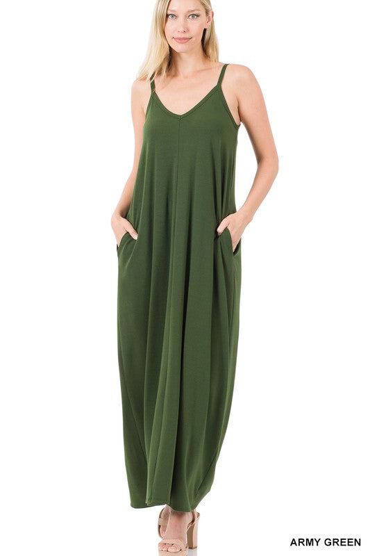 V-Neck Cami Maxi Dress W/Side Pockets