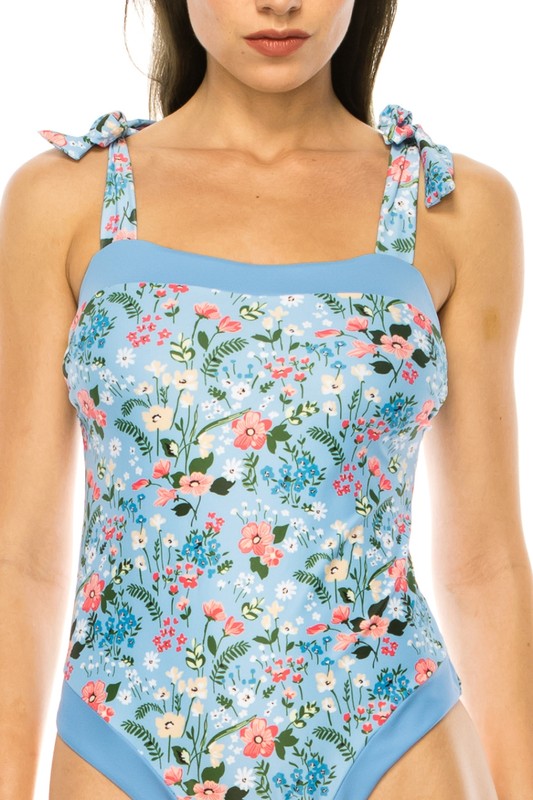 One Piece Bathing Suit Floral Print Shoulder Top
