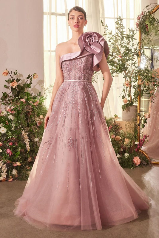 ONE SHOULDER ROSETTE MAUVE BALL GOWN_0