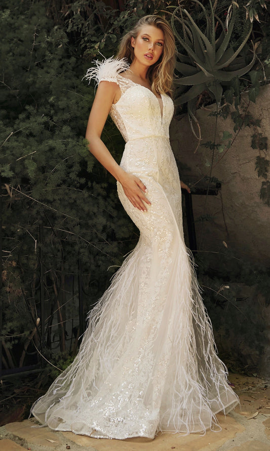 Embellished Mermaid Feather Open Back Long Bridal Dress CDC57W_0