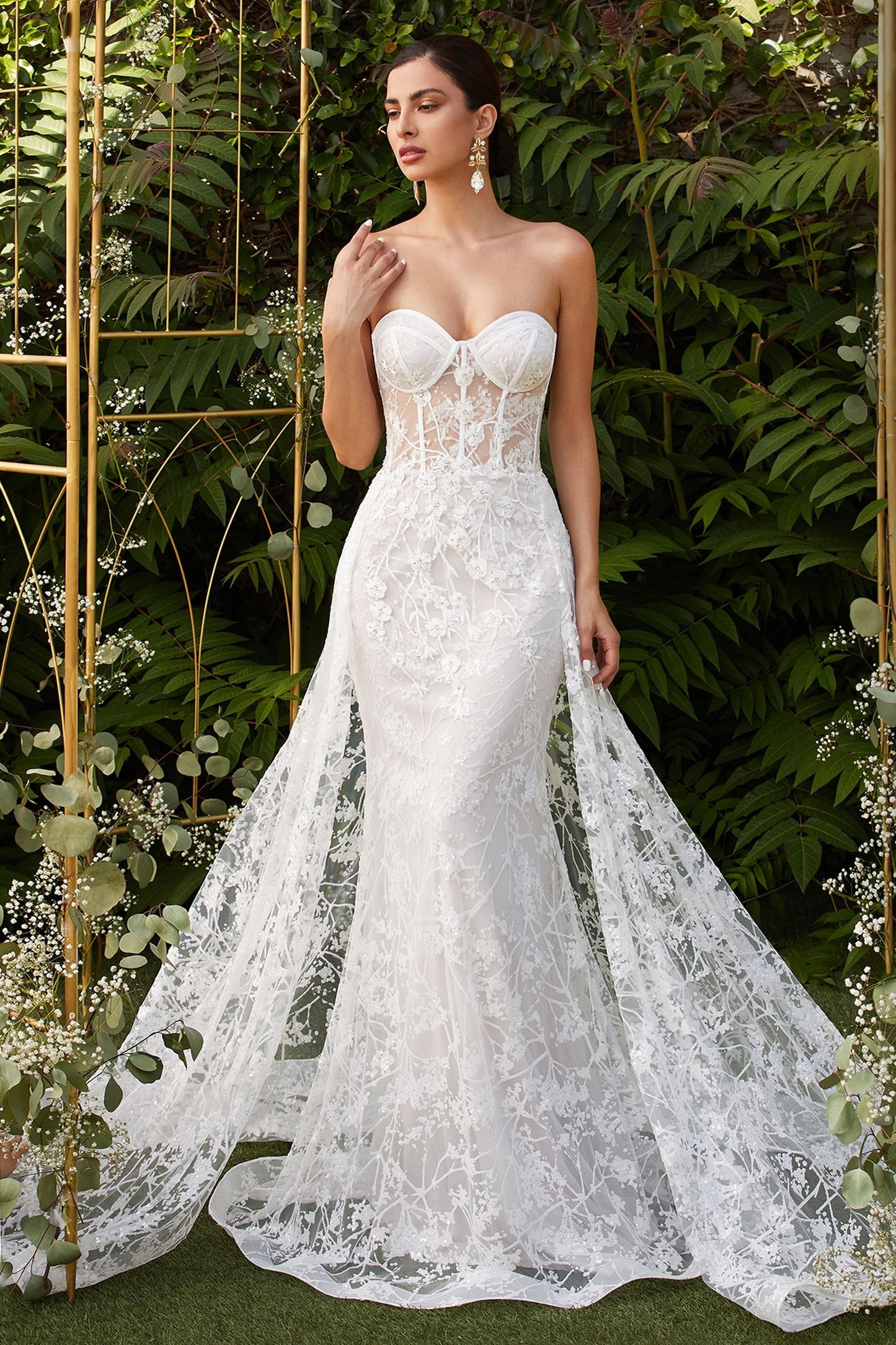 Fitted Overskirt Sheer Embellished Floral Corset Mermaid Long Bridal Dress CDCB046W_5