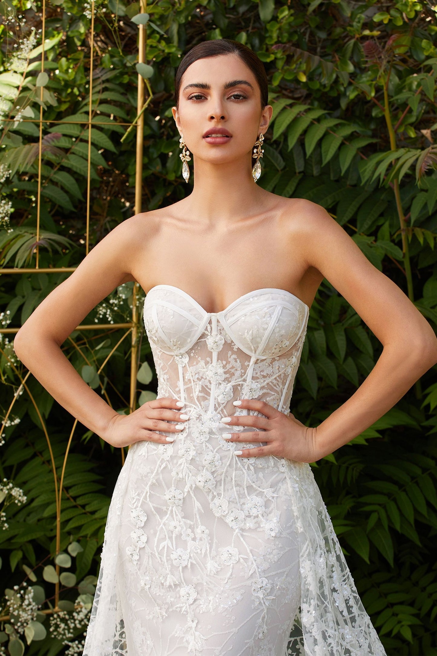 Fitted Overskirt Sheer Embellished Floral Corset Mermaid Long Bridal Dress CDCB046W_4