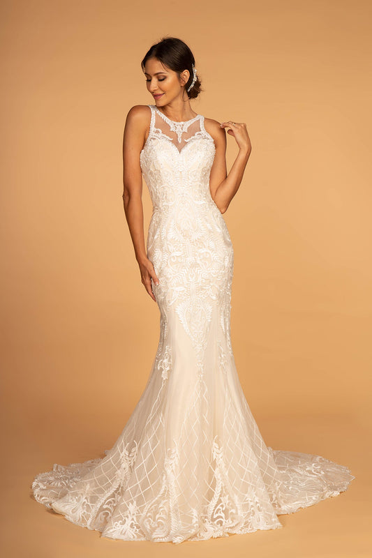 Cut-Out Back Embroidered Mesh Mermaid Long Wedding Dress GLGL2598_0