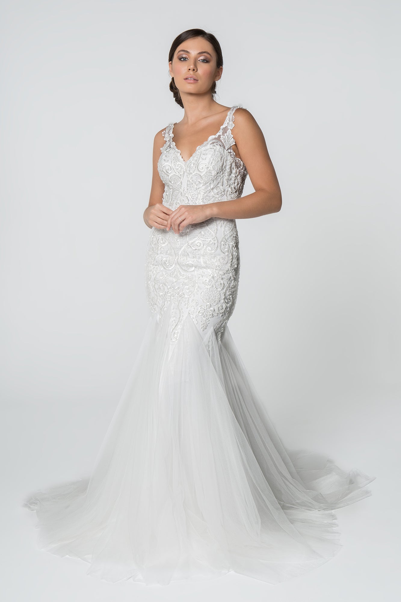 Embroidered Bodice V-Neck Mermaid w/ Mesh Tail Long Wedding Dress GLGL2815_0