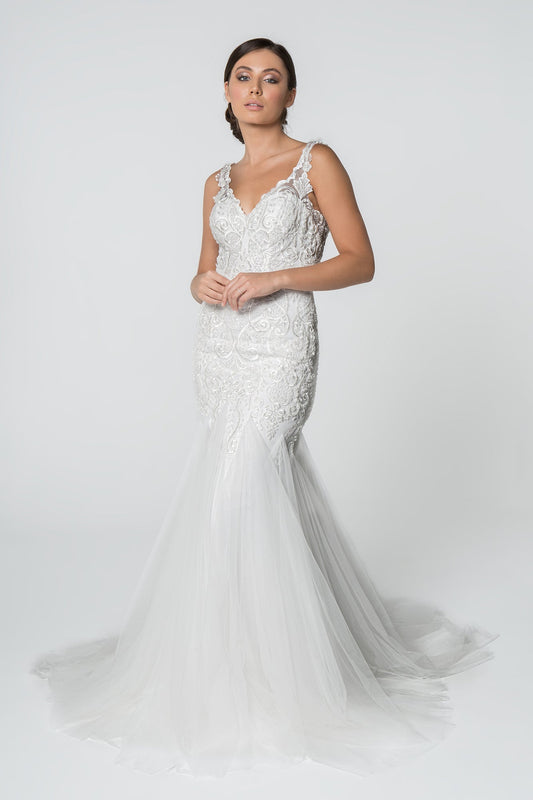 Embroidered Bodice V-Neck Mermaid w/ Mesh Tail Long Wedding Dress GLGL2815_0