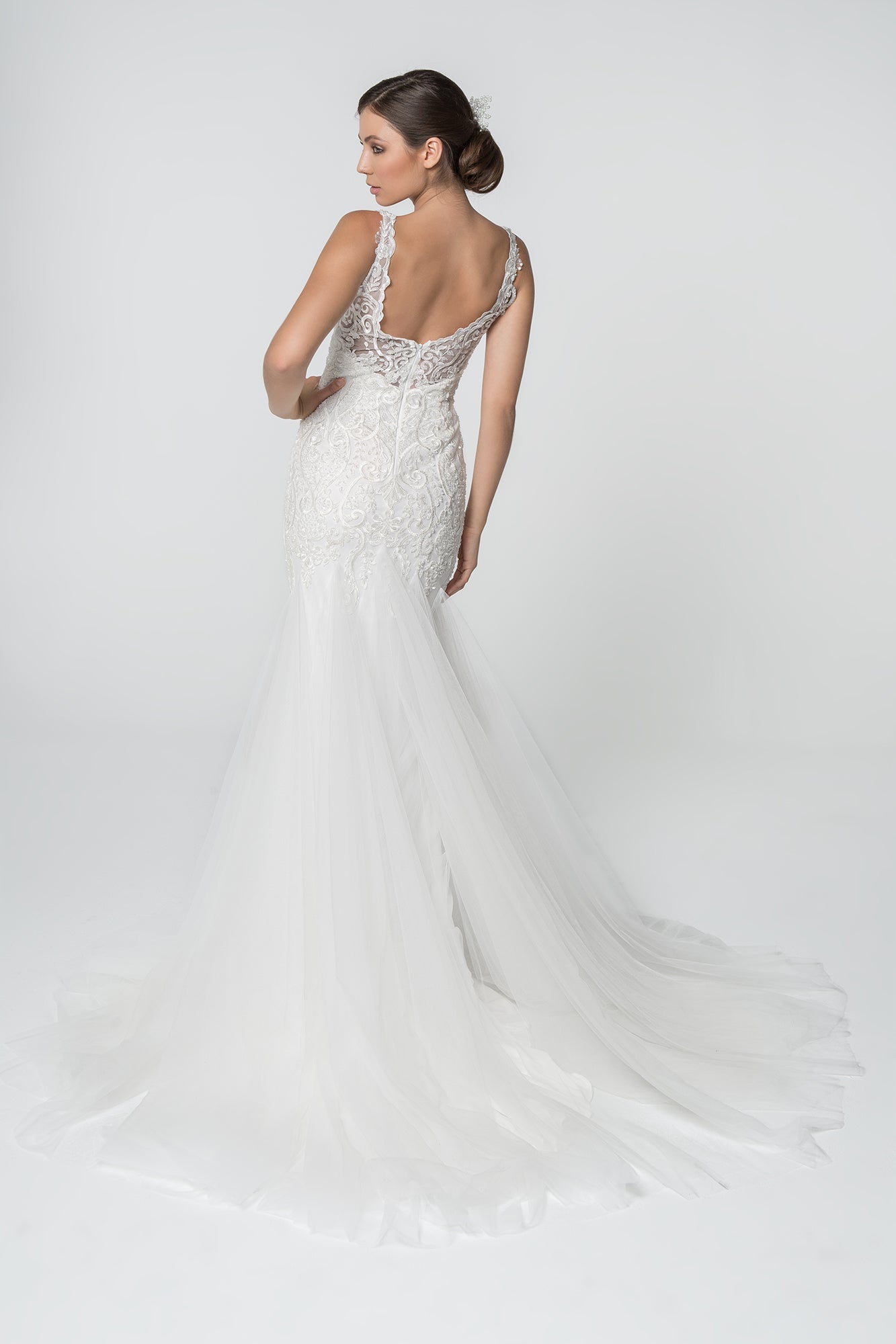 Embroidered Bodice V-Neck Mermaid w/ Mesh Tail Long Wedding Dress GLGL2815_1