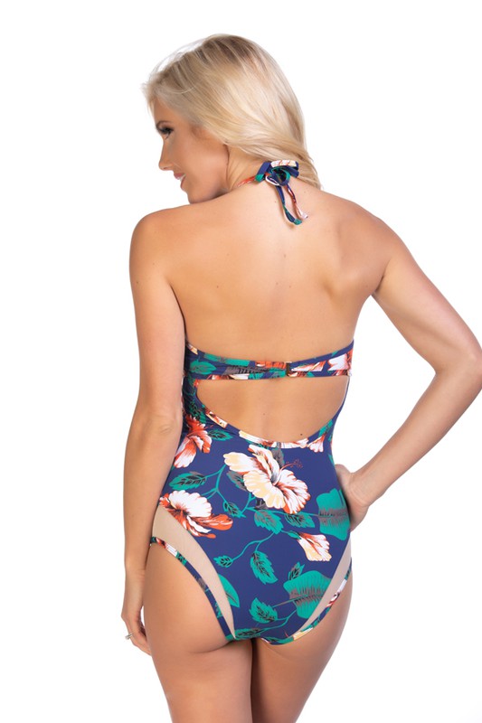 Navy Floral Mesh Inserts One Piece Swimsuit
