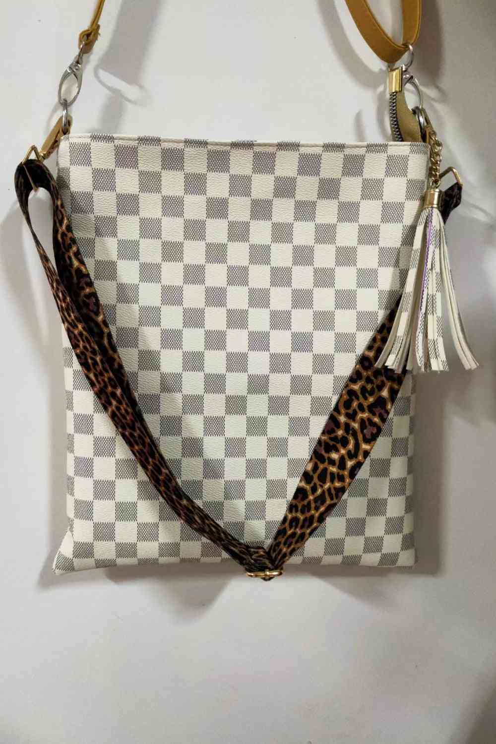 Large PU Leather Shoulder Bag with Floral, Leopard, and Plaid Patterns | Imported