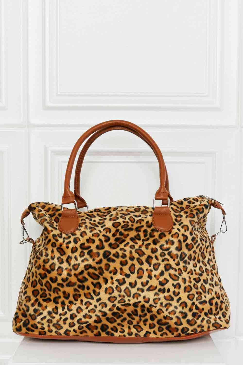 Leopard Printed Faux Rabbit Fur Weekender Handbag | Medium Size with Inner Pockets