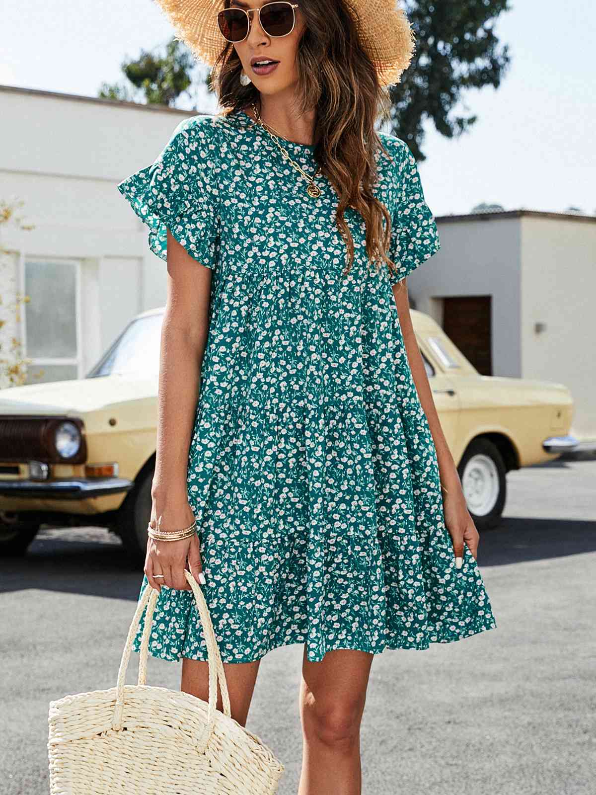 Flounce Sleeve Short Tiered Dress