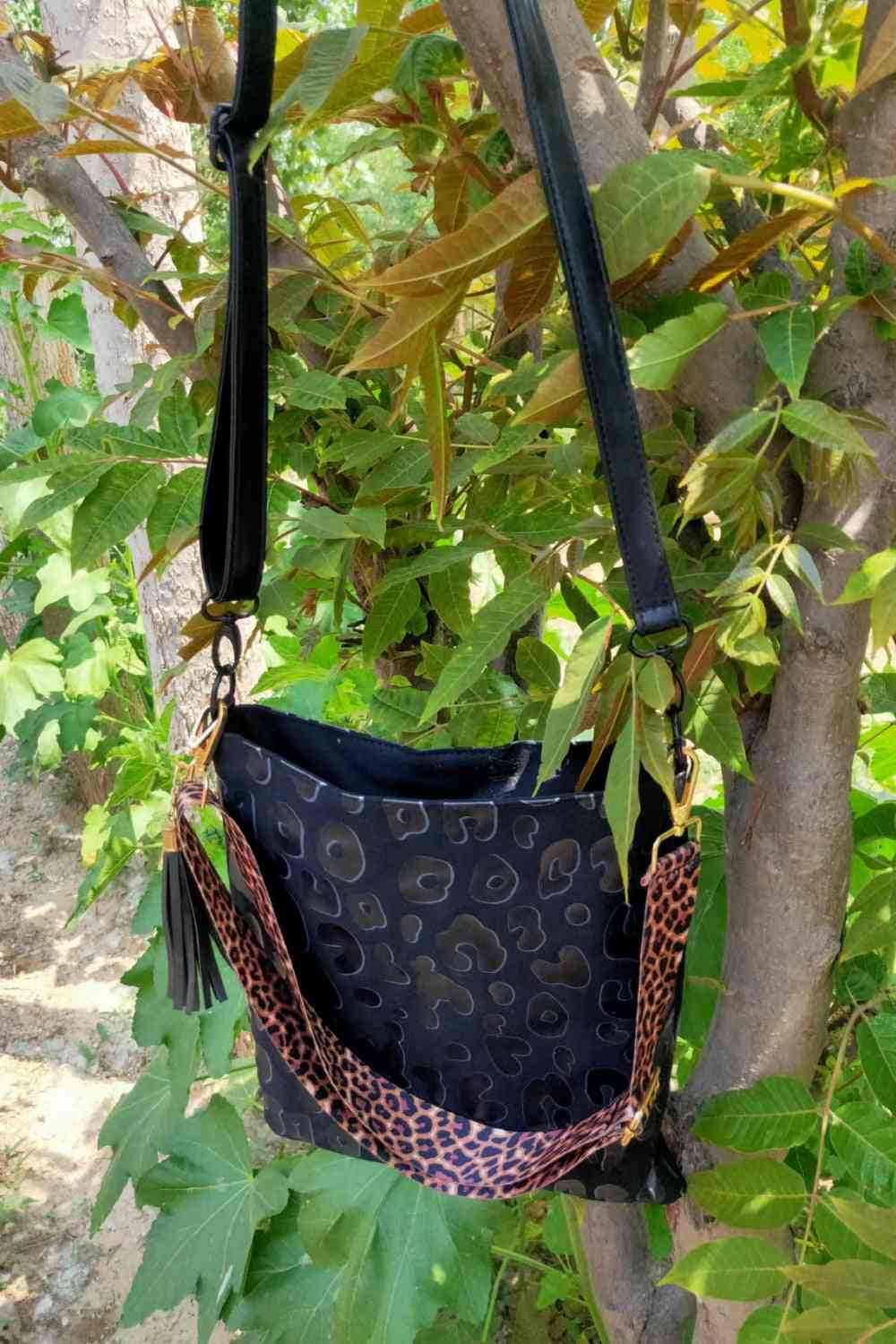 Large PU Leather Shoulder Bag with Floral, Leopard, and Plaid Patterns | Imported