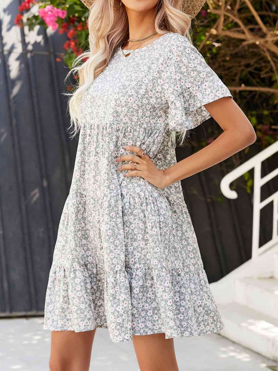 Flounce Sleeve Short Tiered Dress