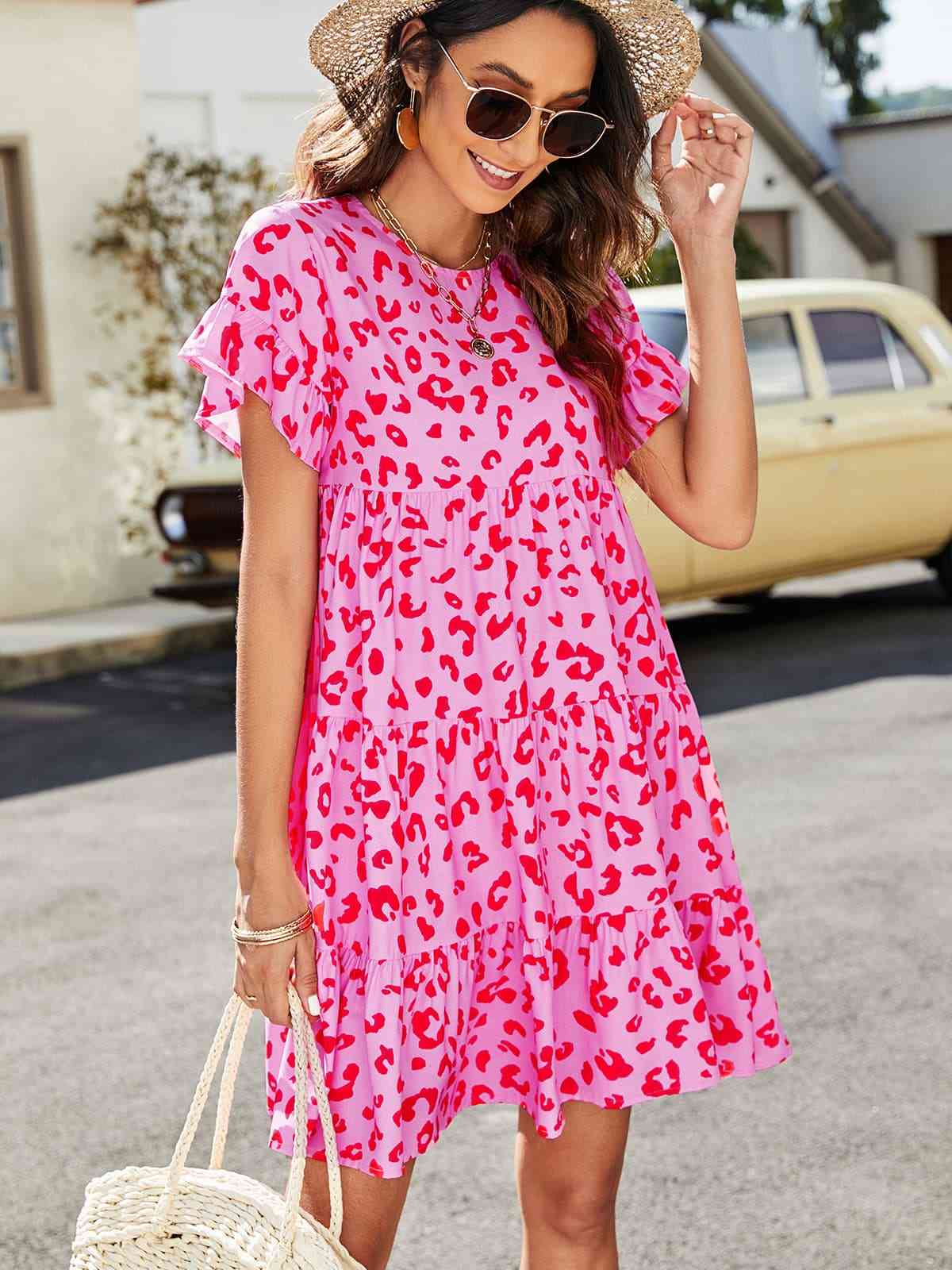 Flounce Sleeve Short Tiered Dress