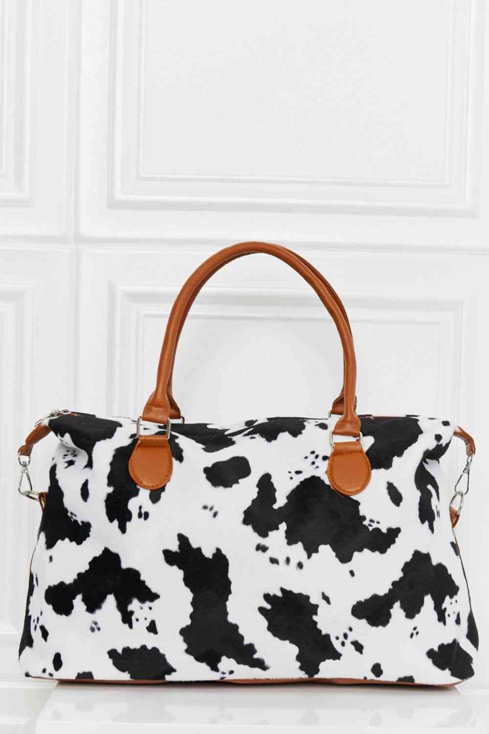 Leopard Printed Faux Rabbit Fur Weekender Handbag | Medium Size with Inner Pockets