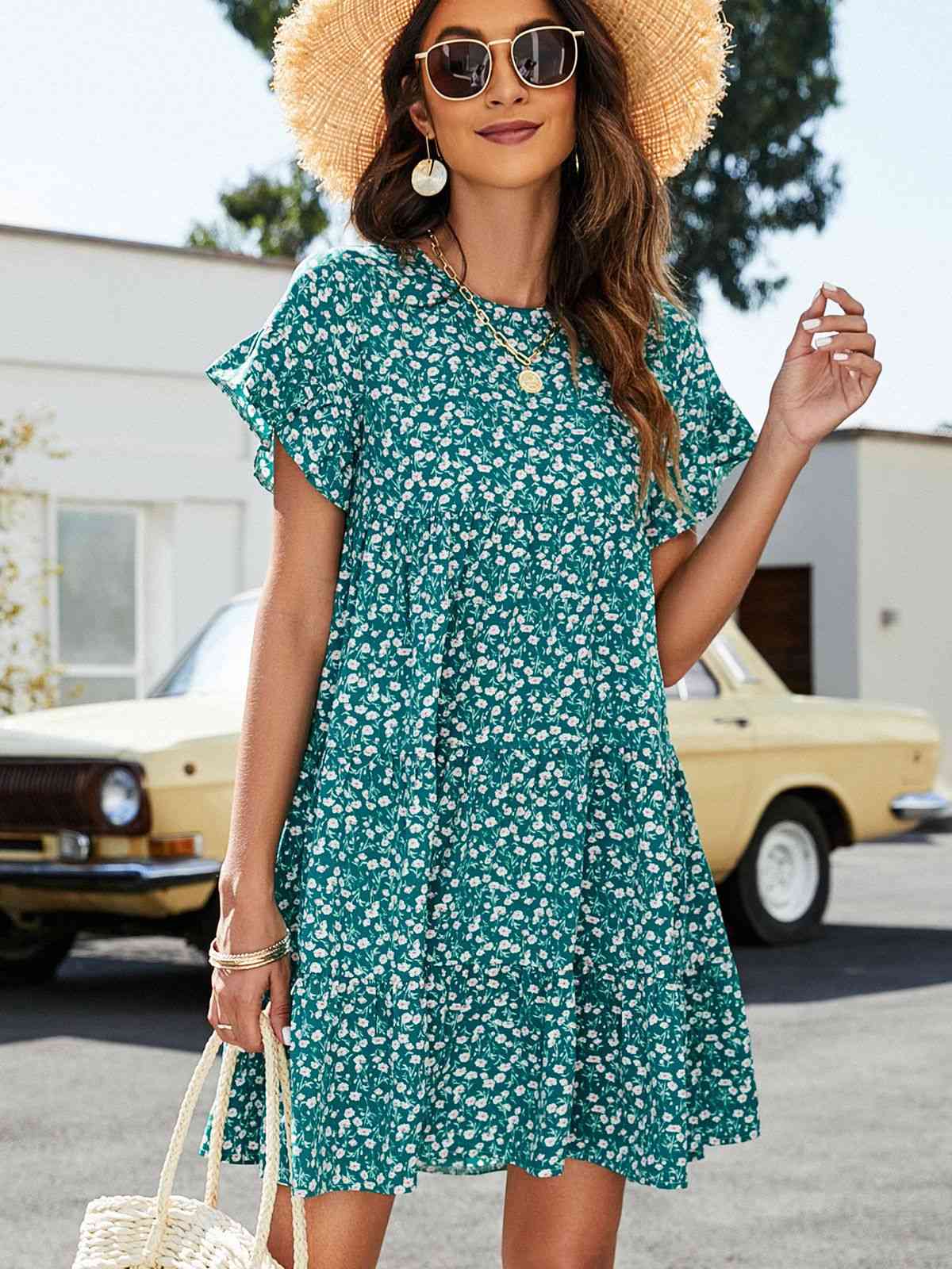 Flounce Sleeve Short Tiered Dress